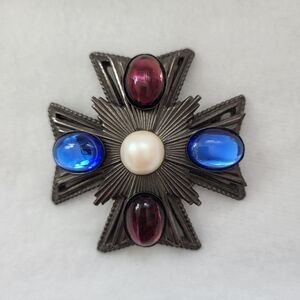 Original By Robert Maltese Cross Brooch With Blue Red And Faux Pearl Stones